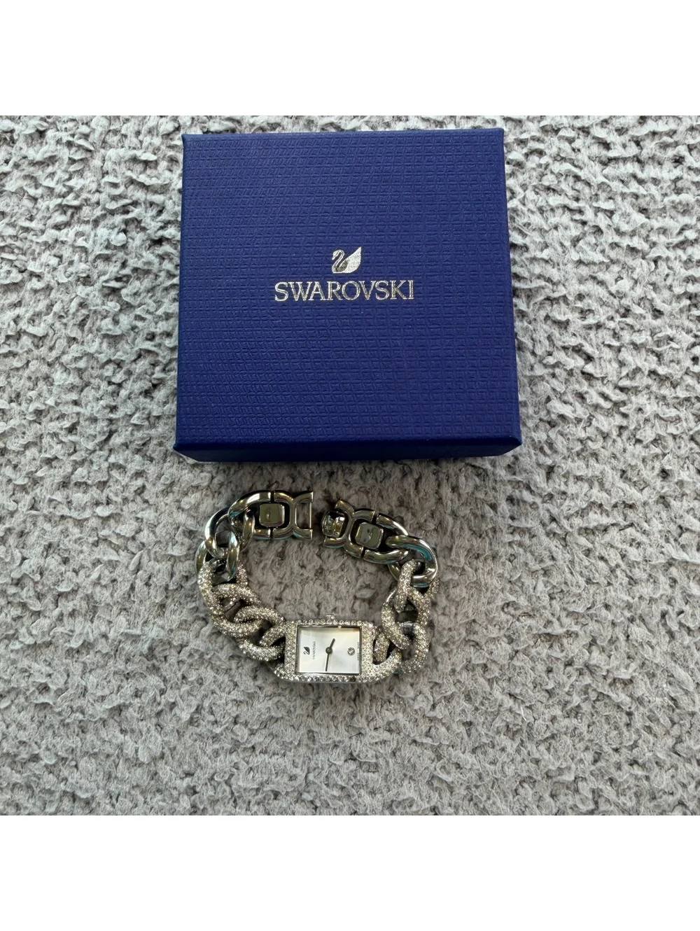 Swarovski Swiss Made Crystal Link Bracelet Watch Silver Tone Stainless Steel Box